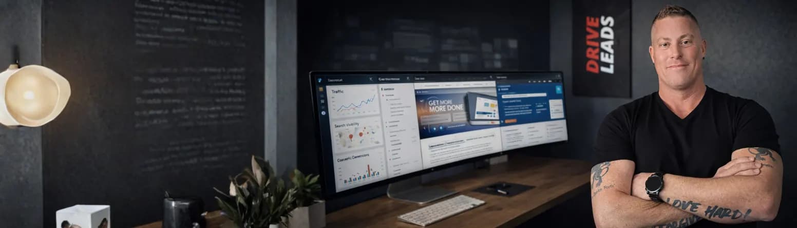 Jeremy Thompson at Revolution Web Studios office with analytics dashboards