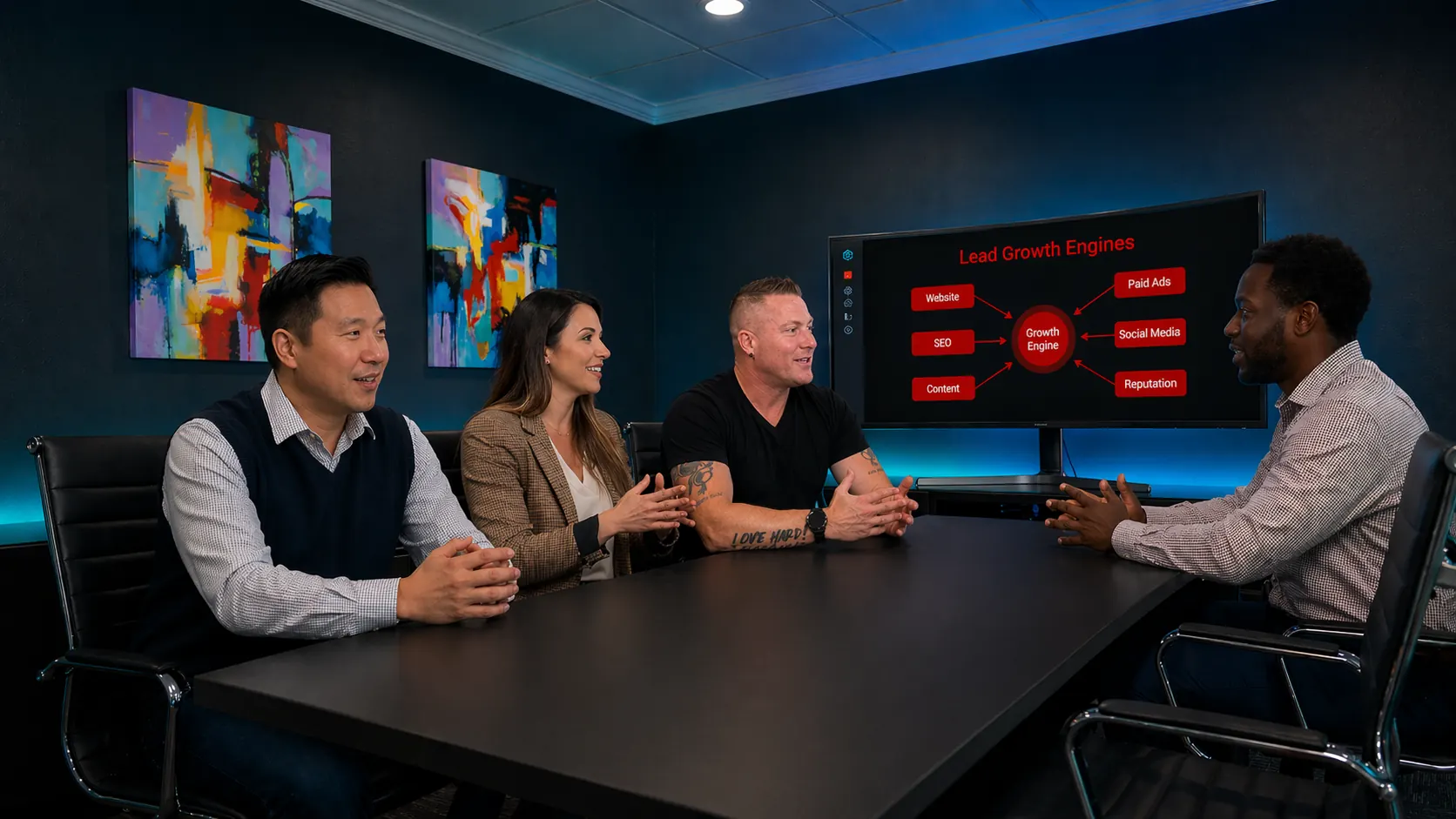 Revolution Web Studios team discussing Lead Growth Engine strategy in conference room